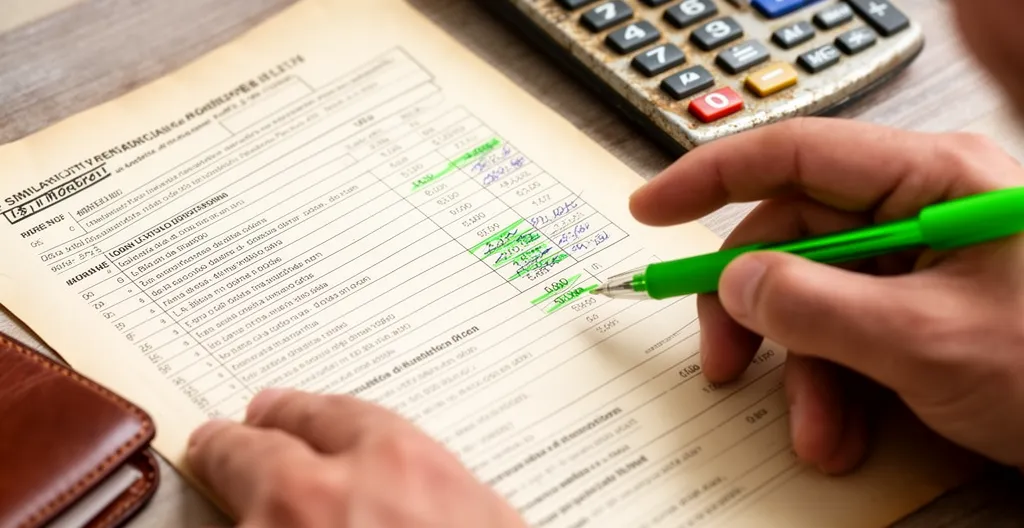 Une main surligne les éléments clés d'un résultat de simulation à côté d'une calculatrice et d'un carnet de notes.