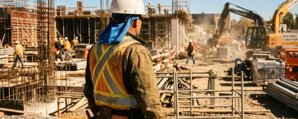 Ouvrier du BTP portant un casque blanc avec un accessoire rafraîchissant bleu visible sous la nuque, sur fond de chantier ensoleillé.