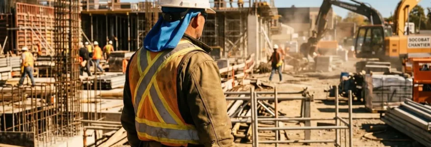 Ouvrier du BTP portant un casque blanc avec un accessoire rafraîchissant bleu visible sous la nuque, sur fond de chantier ensoleillé.
