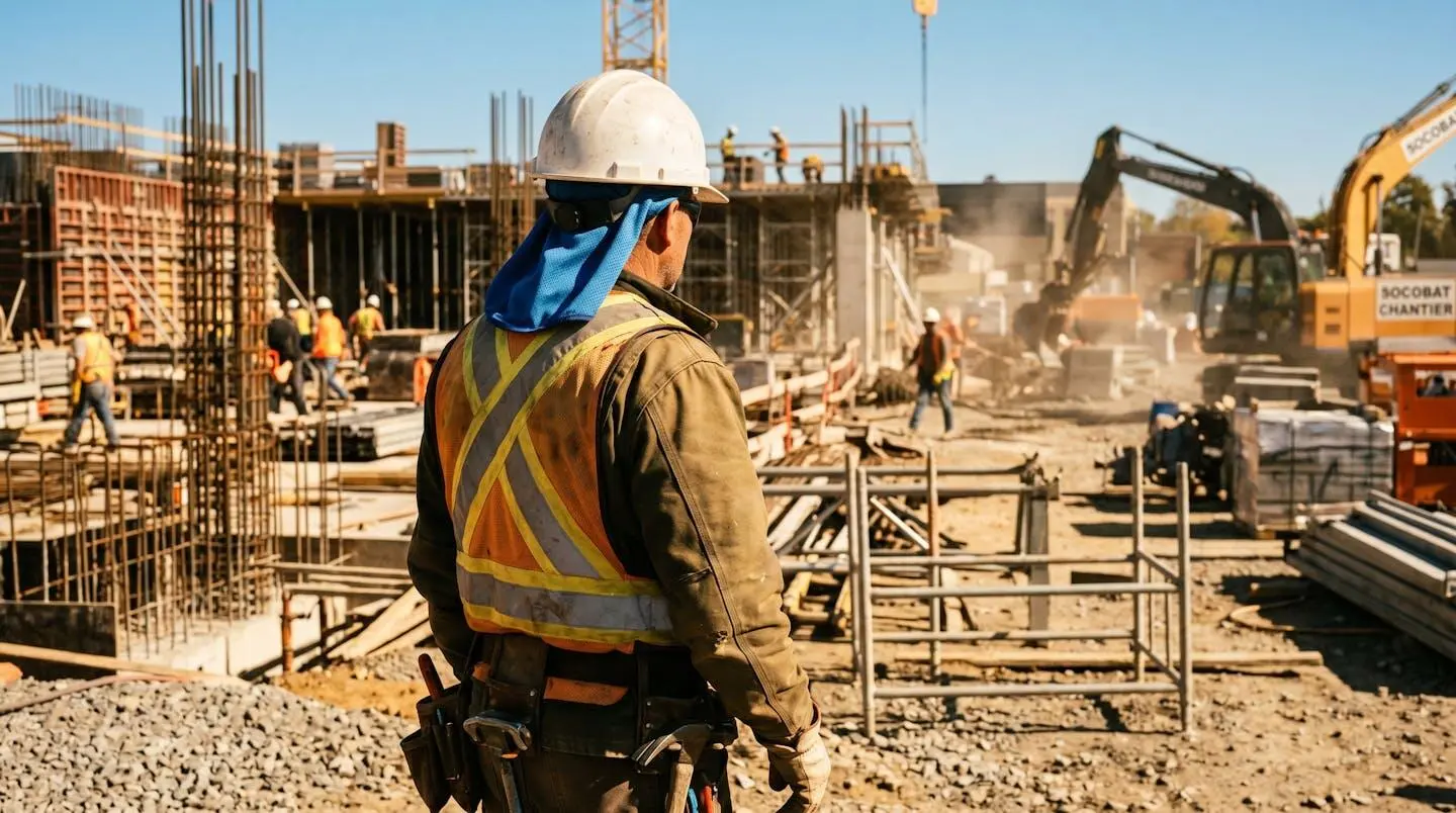 Ouvrier du BTP portant un casque blanc avec un accessoire rafraîchissant bleu visible sous la nuque, sur fond de chantier ensoleillé.
