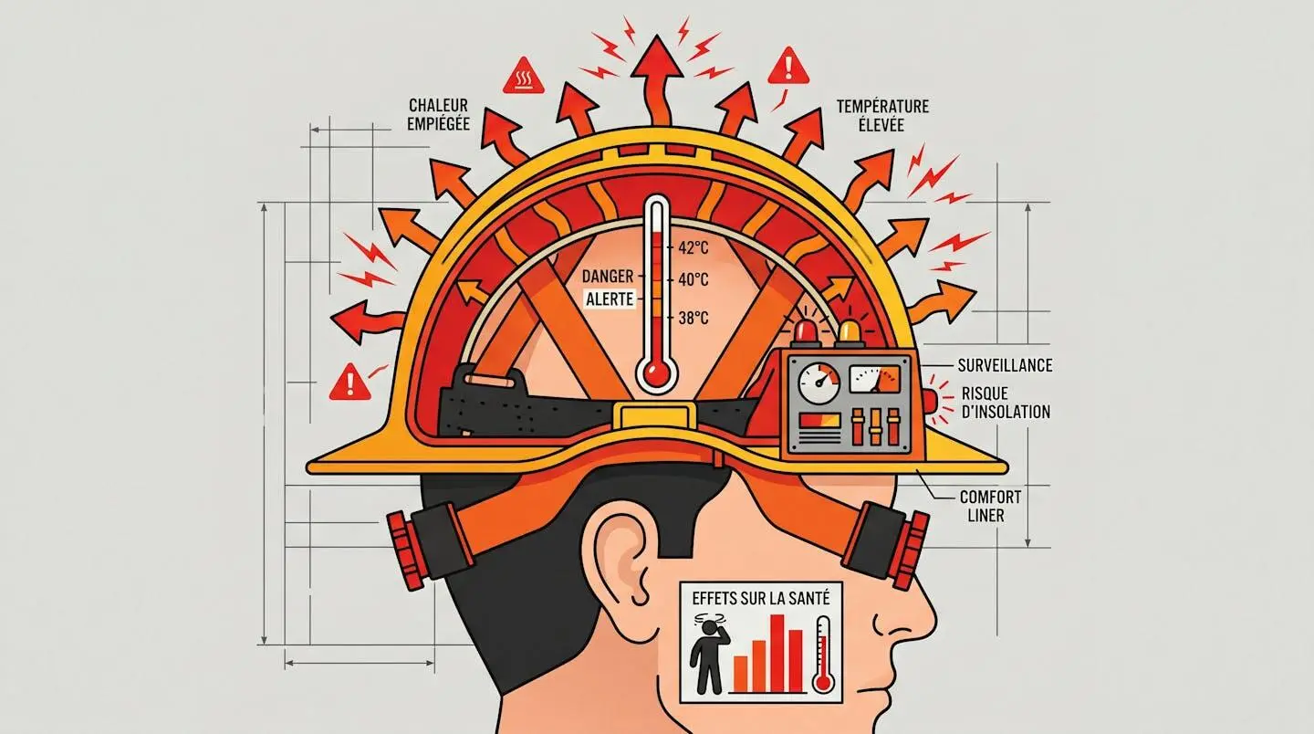 Schéma d'une tête sous casque avec des flèches de chaleur rouges indiquant l'accumulation thermique.