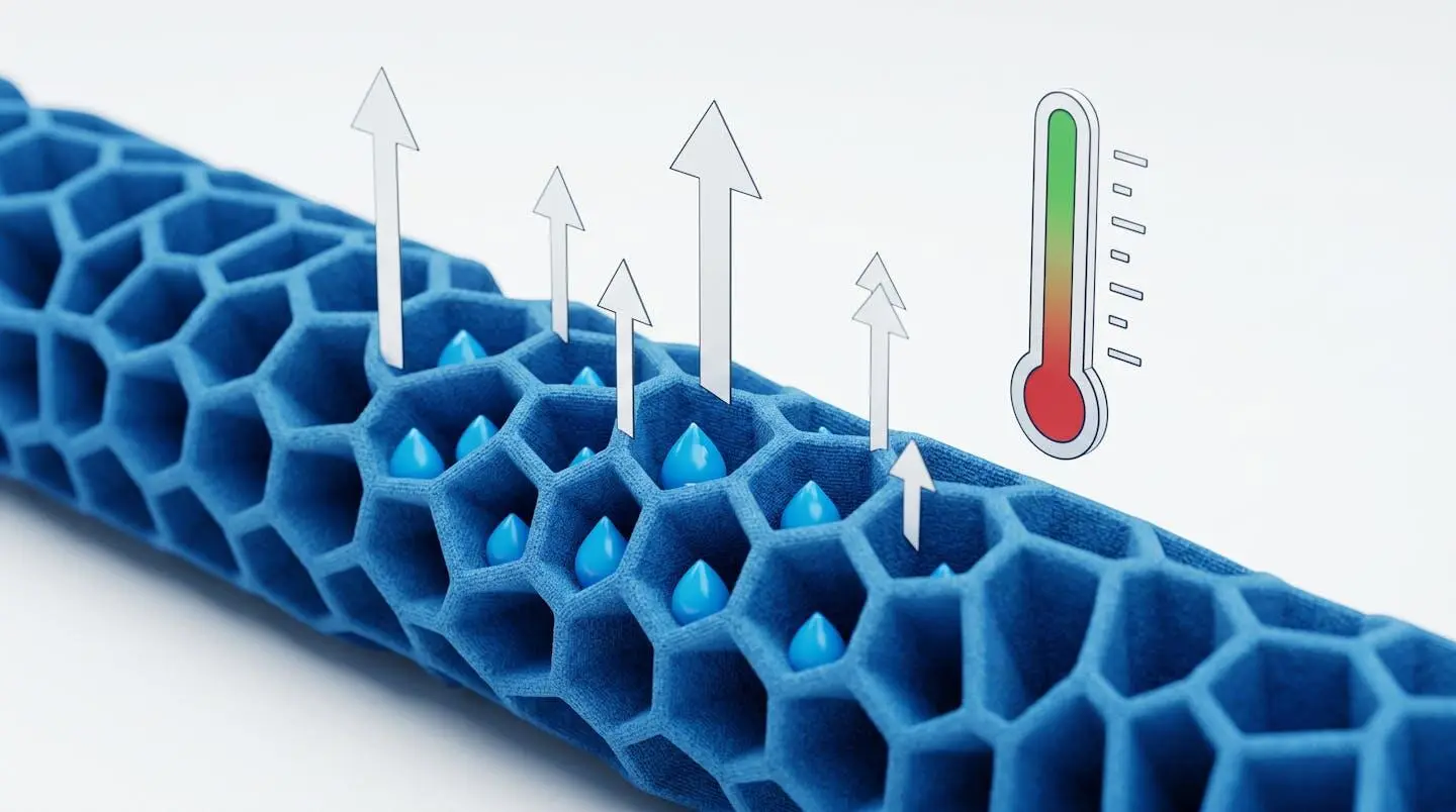Schéma d'une fibre textile absorbant des gouttes d'eau et libérant de la vapeur, avec un thermomètre passant du rouge au vert.