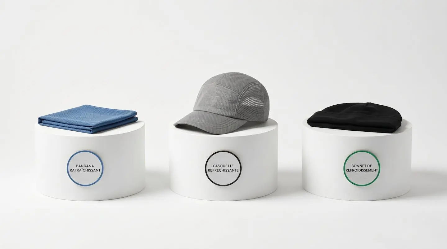 Trois accessoires rafraîchissants (bandana, casquette, bonnet) présentés sur fond blanc dans un style épuré.