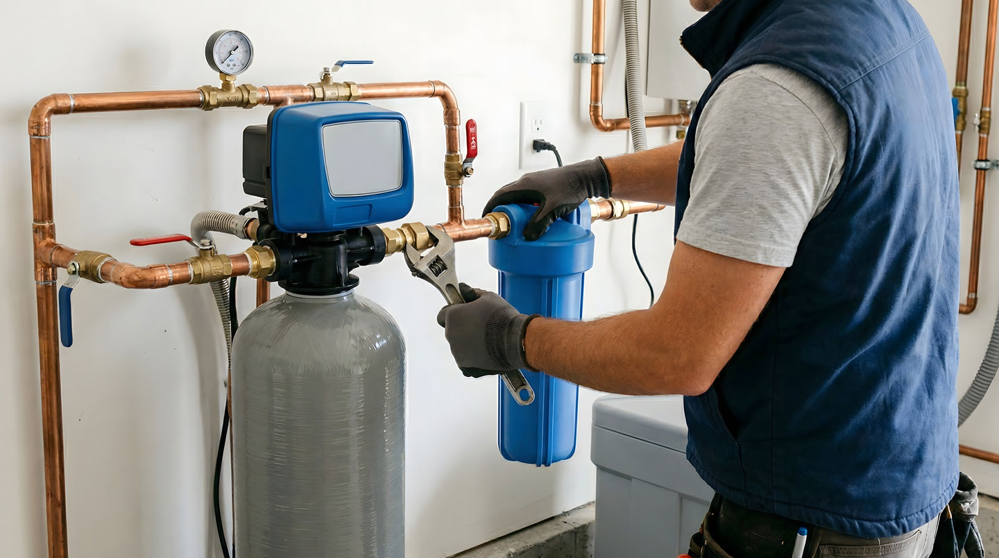 Plombier-chauffagiste professionnel installant un raccord de traitement d'eau sur canalisation en cuivre près d'un compteur domestique dans un local technique