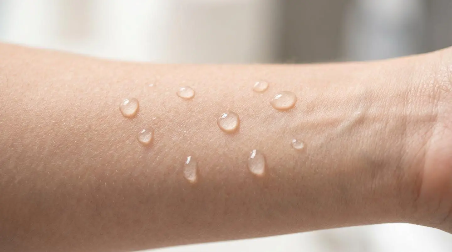 Gros plan macro sur une peau saine et hydratée avec gouttelettes d'eau, illustrant une texture cutanée apaisée sans irritation
