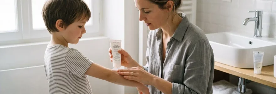 Une mère appliquant de la crème hydratante sur l'avant-bras de son jeune enfant dans une salle de bain contemporaine lumineuse, illustrant le soin d'une peau apaisée après traitement de l'eau