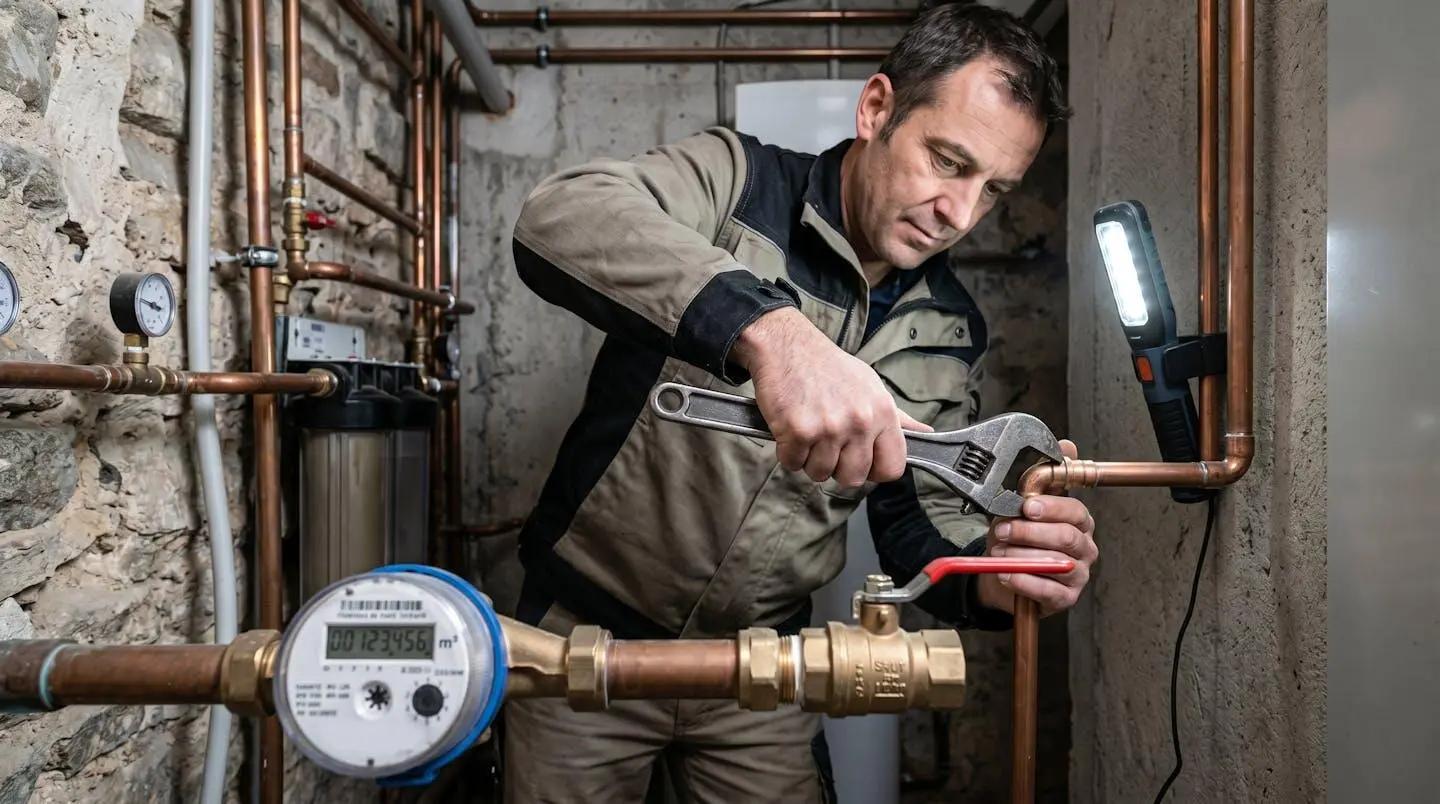 Plombier-chauffagiste professionnel installant un raccord de traitement d'eau sur canalisation en cuivre près d'un compteur domestique dans un local technique