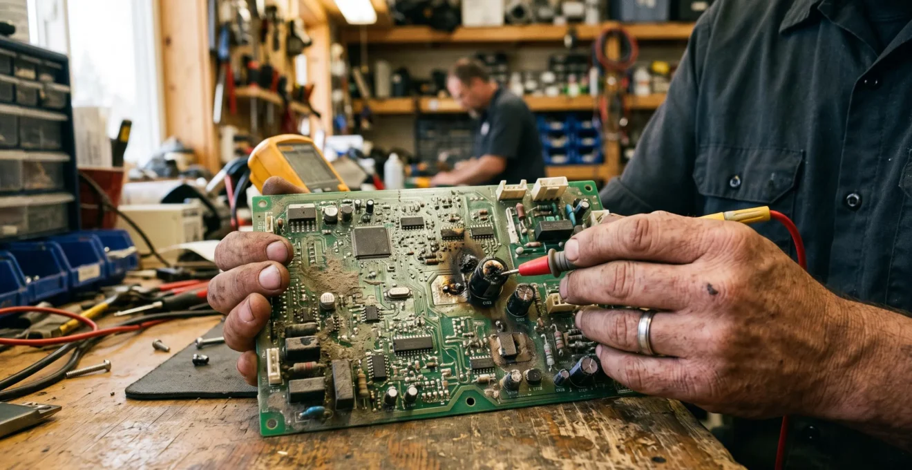 Un technicien examine une carte electronique Inverter defectueuse avec un multimetre sur un plan de travail.