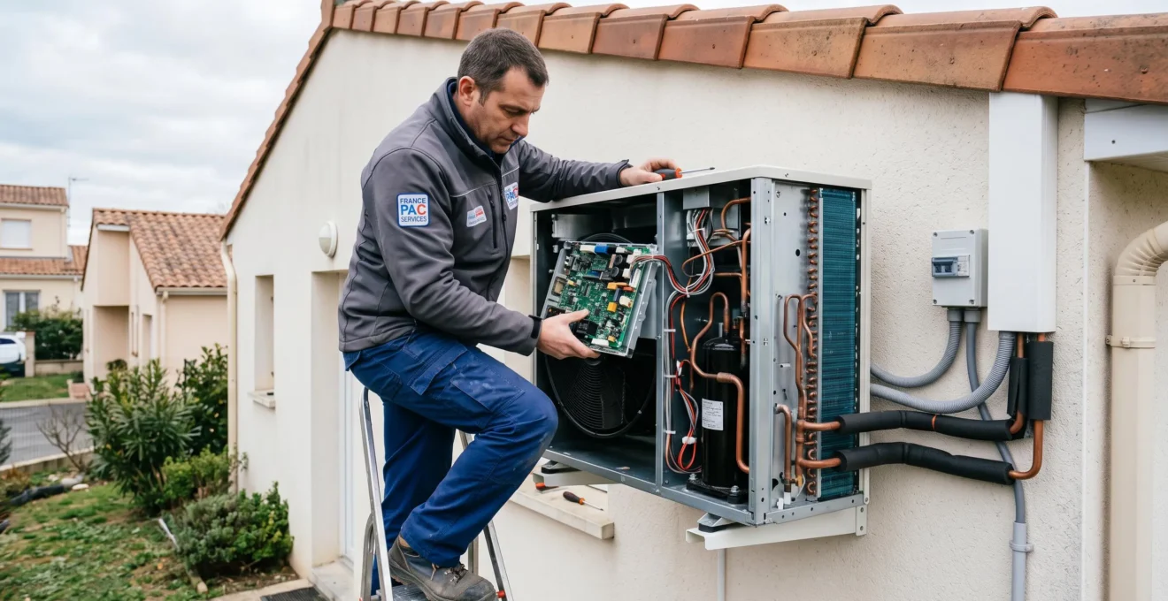 Un technicien reinstalle une carte electronique reconditionnee dans un groupe exterieur de pompe a chaleur.