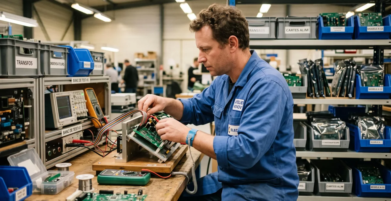 Un technicien teste des cartes electroniques reconditionnees sur un banc d'essai dans un atelier.